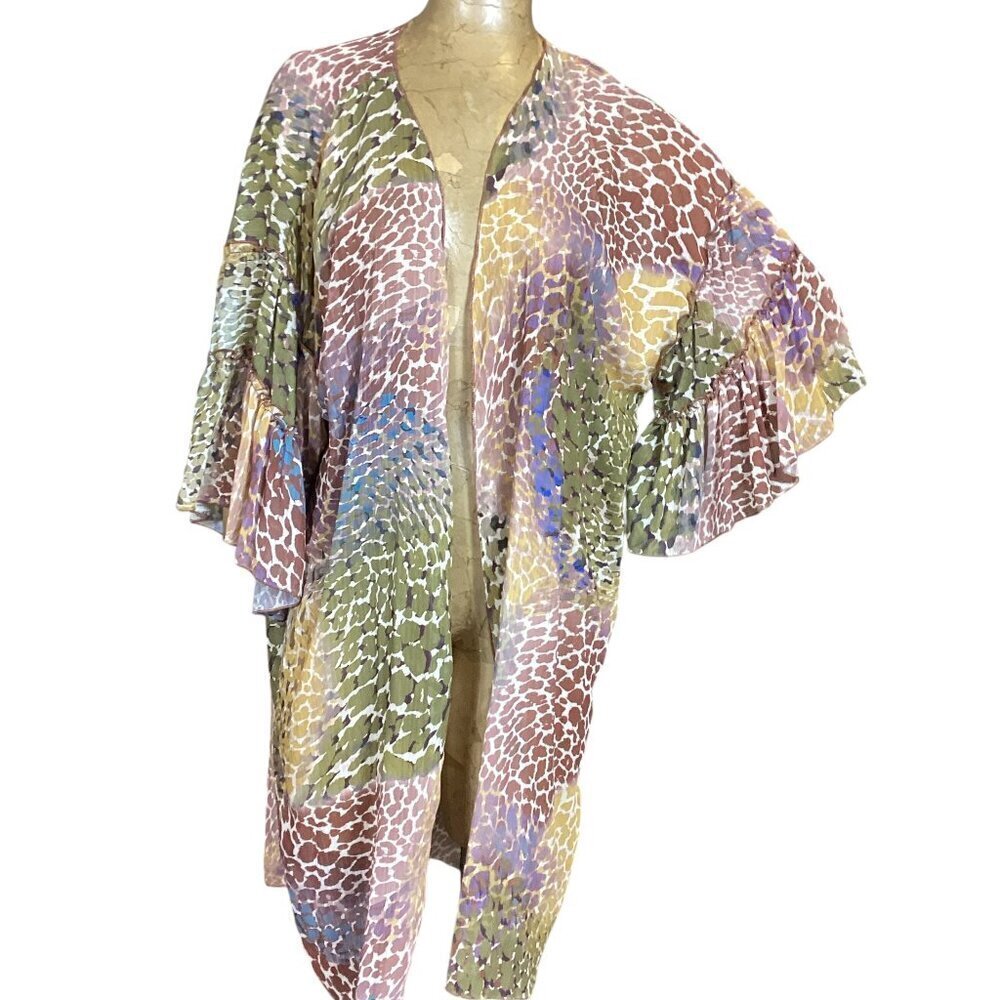 Democracy‎ Bell Sleeve Open Kimono Colorful Animal Print Sz 0X/1X #313E